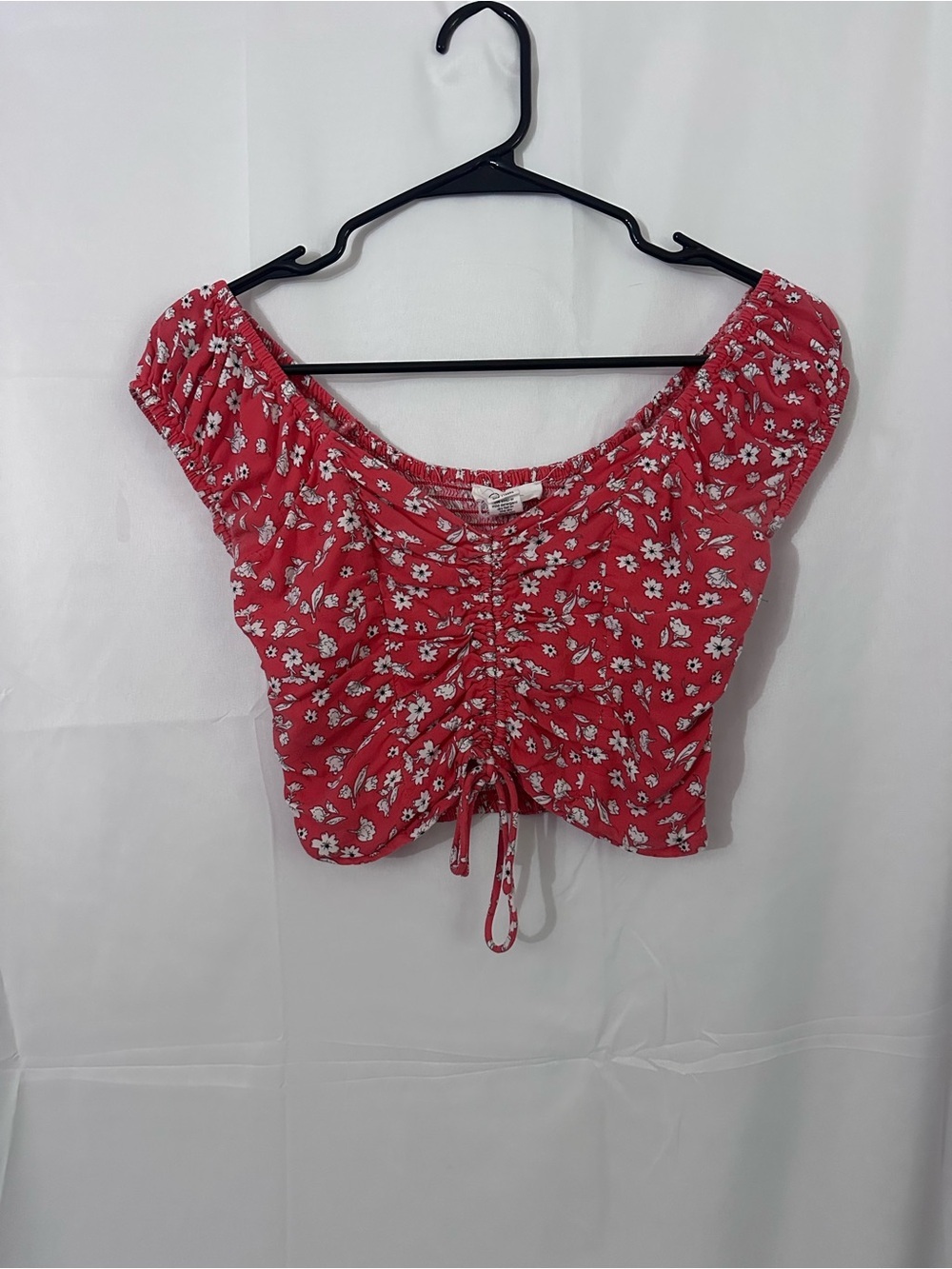 Japna Red Floral Drawstring Ruched Crop Top